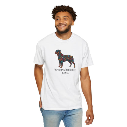 Rottweiler Floral Silhouette T-Shirt - "Warning: Fiercely Loyal" Dog Tee