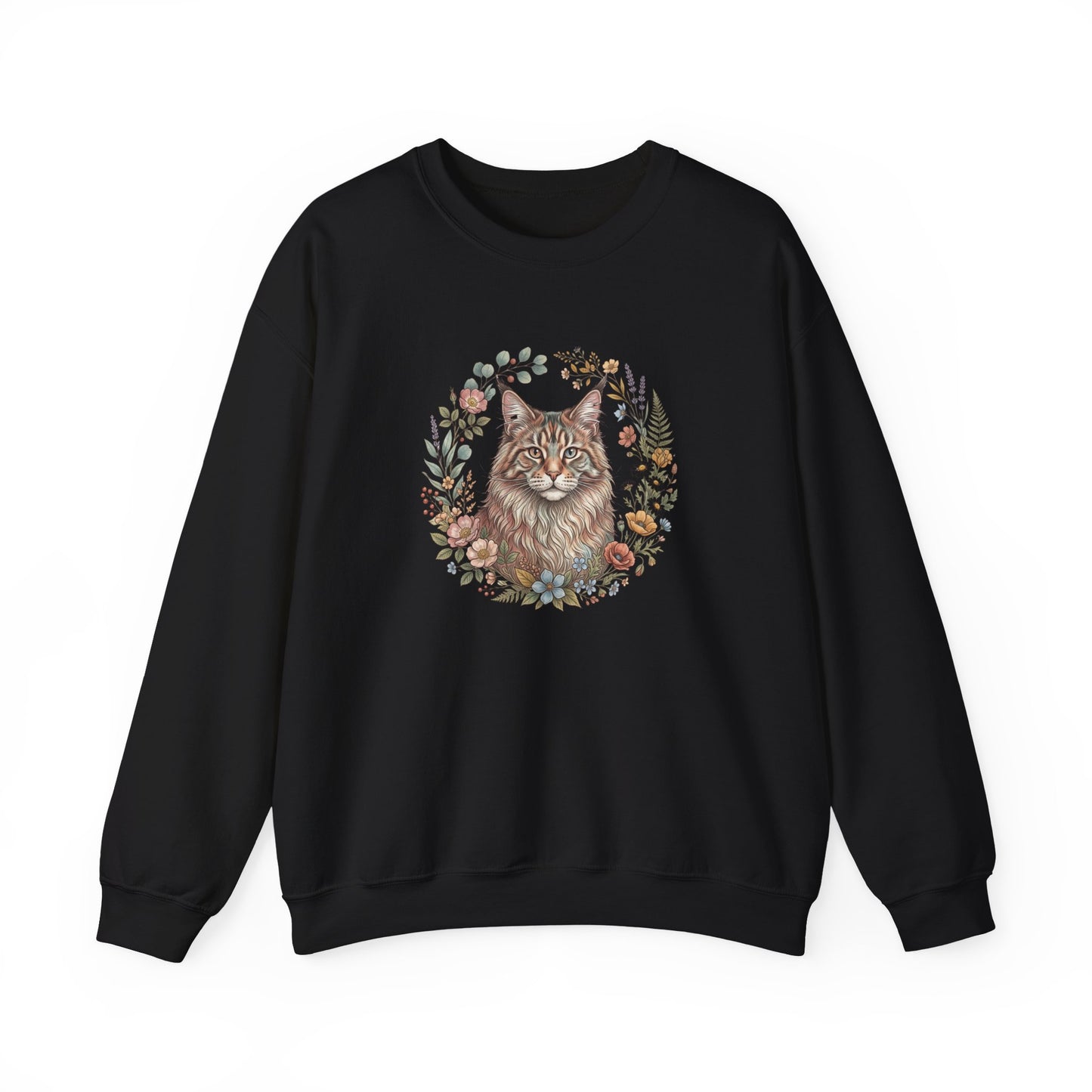 Cat Floral Crewneck Sweatshirt – Watercolor Maine Coon Portrait