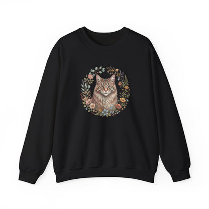 Cat Floral Crewneck Sweatshirt – Watercolor Maine Coon Portrait