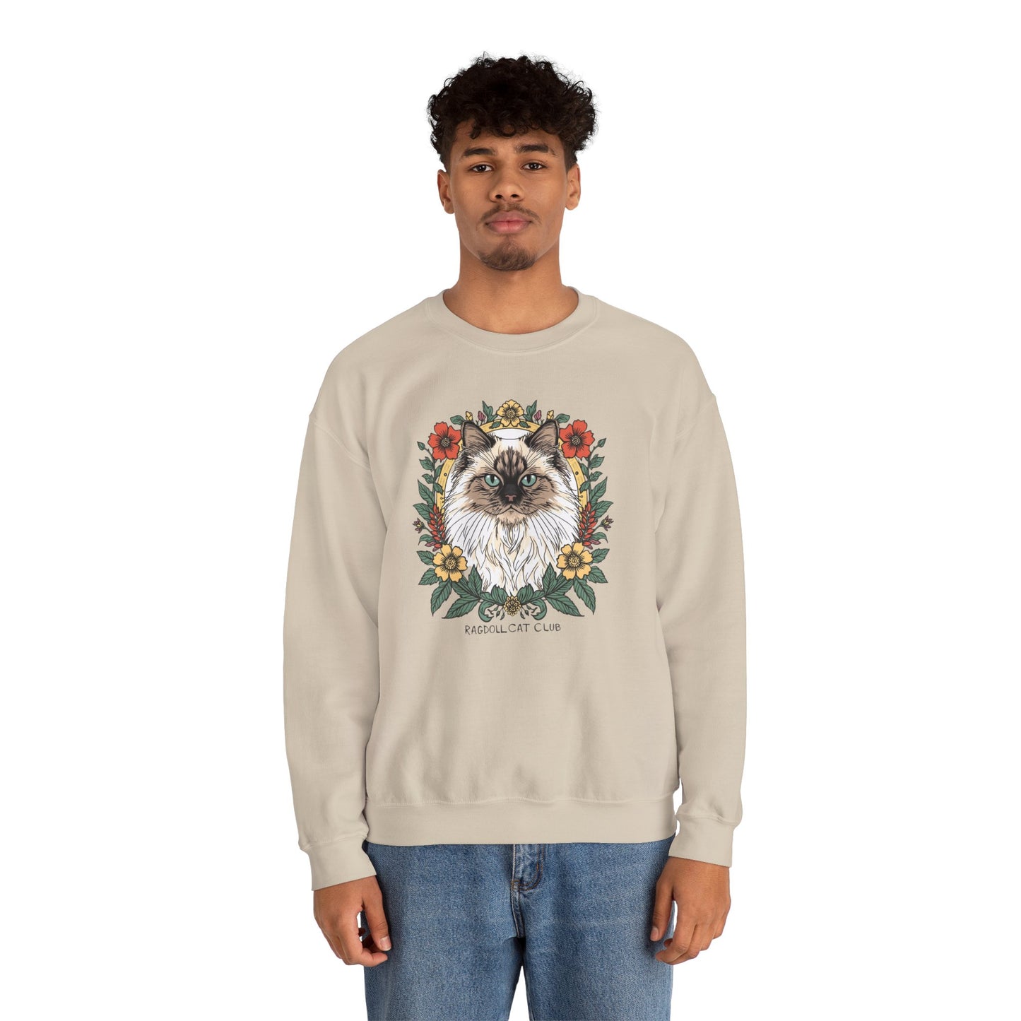 Cat Floral Crewneck Sweatshirt – Ragdoll Cat Portrait with Flowers