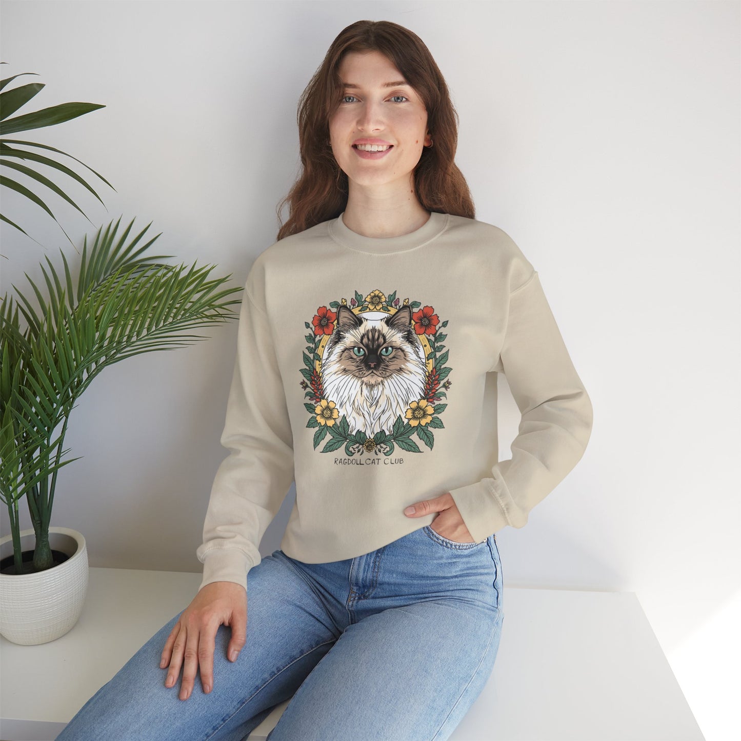 Cat Floral Crewneck Sweatshirt – Ragdoll Cat Portrait with Flowers