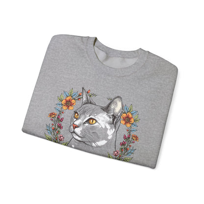 Cat Portrait Crewneck Sweatshirt — Floral Frame with 'Domestic Shorthair Love'