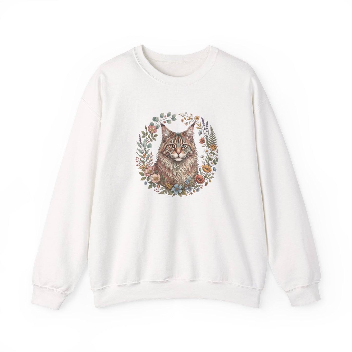 Cat Floral Crewneck Sweatshirt – Watercolor Maine Coon Portrait