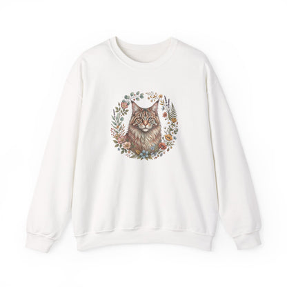 Cat Floral Crewneck Sweatshirt – Watercolor Maine Coon Portrait