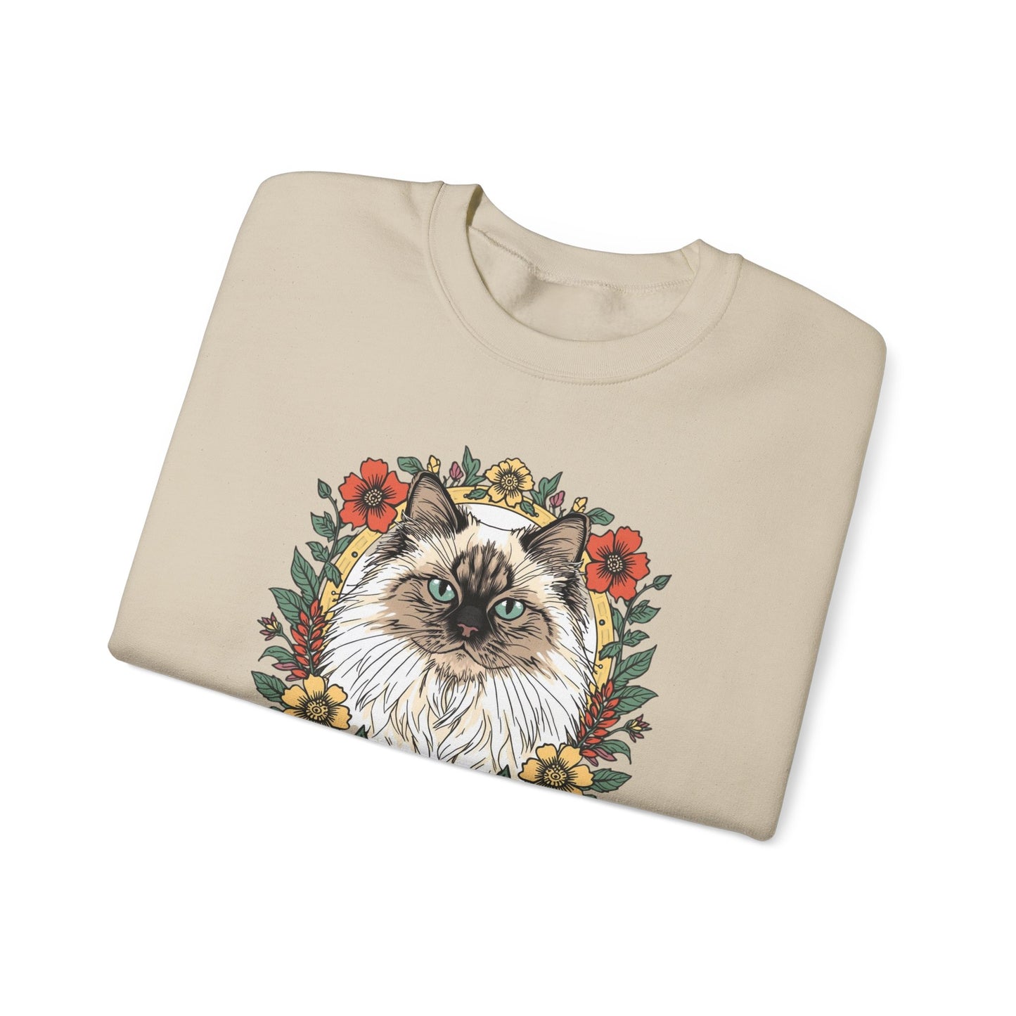 Cat Floral Crewneck Sweatshirt – Ragdoll Cat Portrait with Flowers