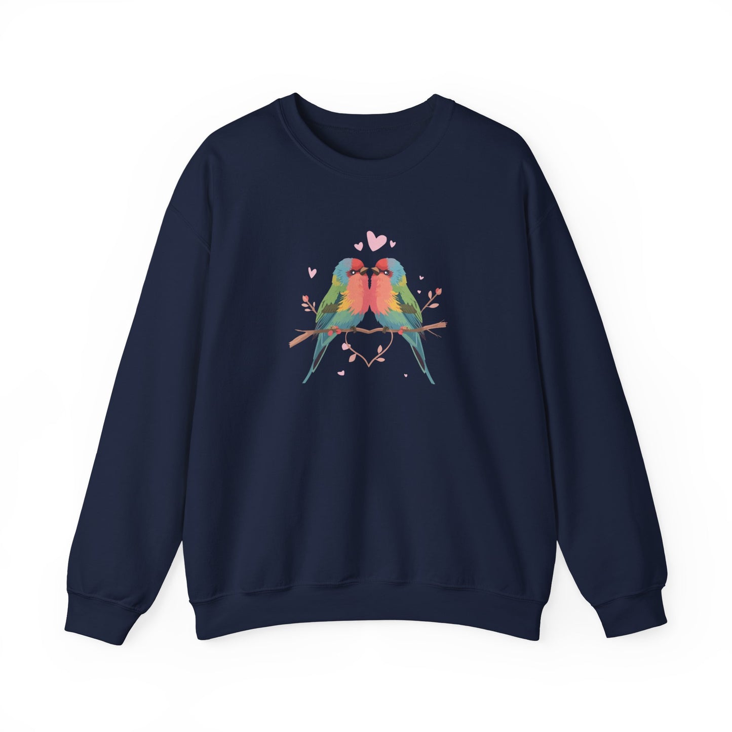 Crewneck Sweatshirt — Colorful Lovebirds Graphic, Romantic Couple Birds Pullover