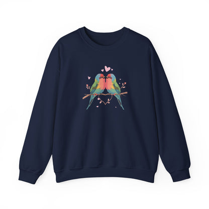 Crewneck Sweatshirt — Colorful Lovebirds Graphic, Romantic Couple Birds Pullover