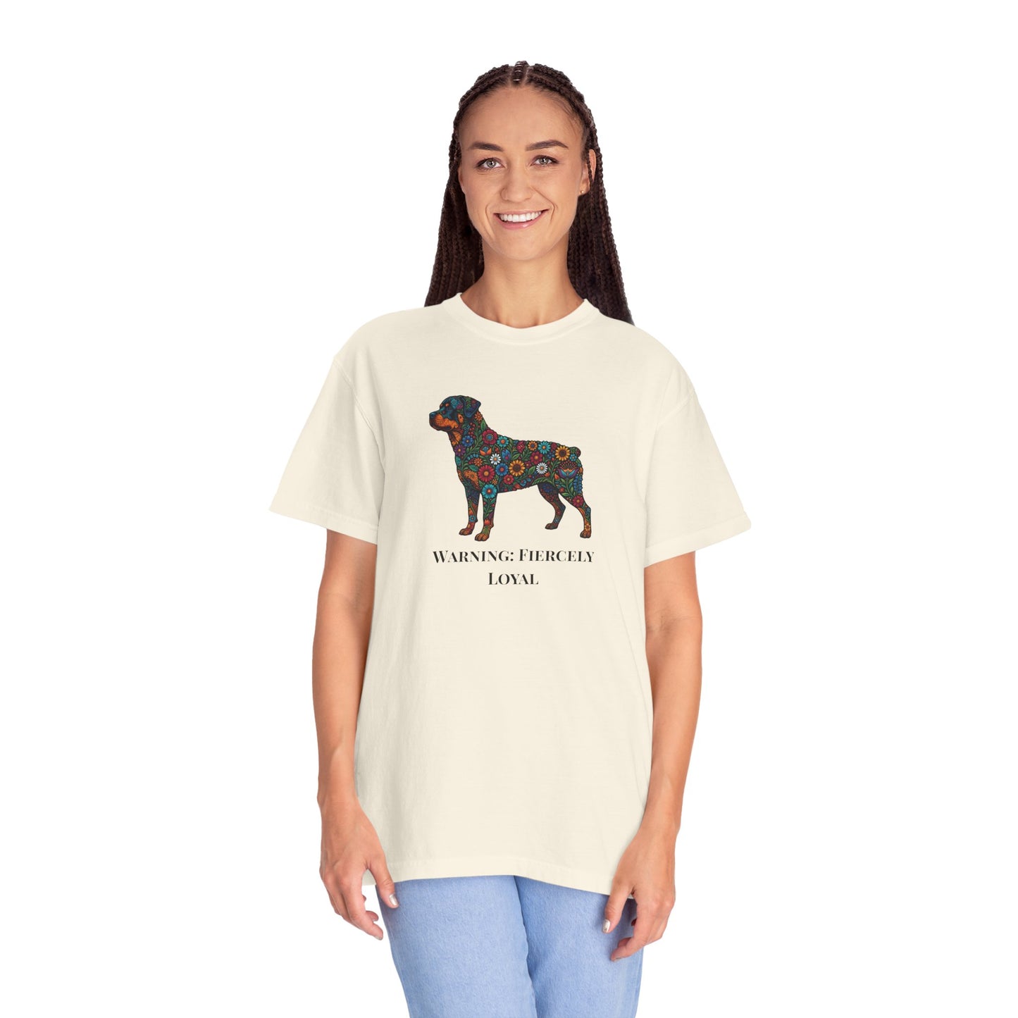 Rottweiler Floral Silhouette T-Shirt - "Warning: Fiercely Loyal" Dog Tee